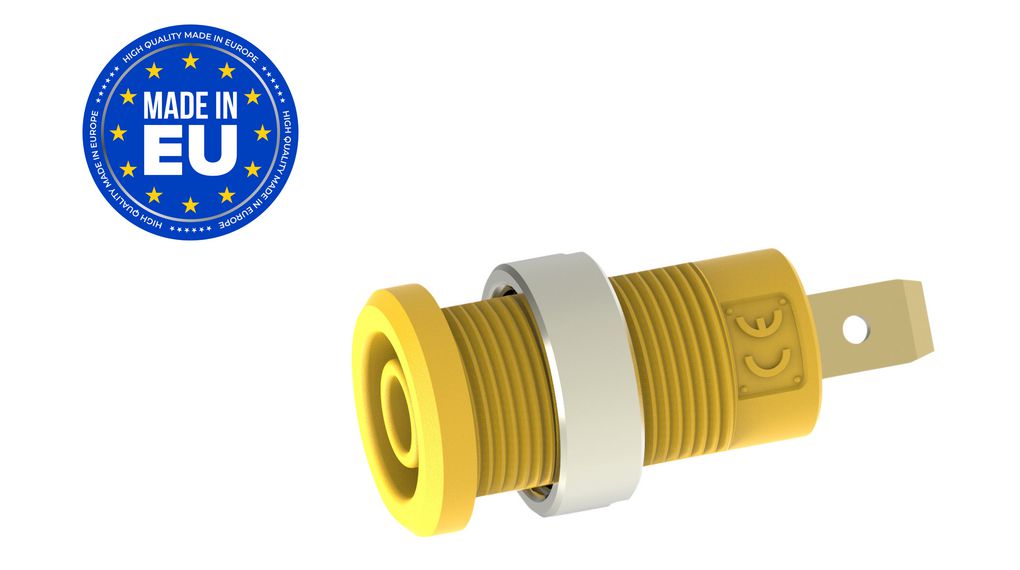 Gniazdo bananowe Żółty 4 mm Mosiądz Złoty 1kVAC 1kVDC 36A Zacisk płaski, 4,8 × 0,8 mm